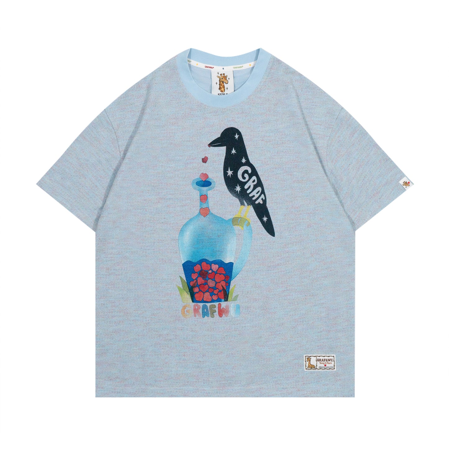 GRAF&WU【Giraffe Fable】Black Crow Drinking Water Print Streetwear Cool Feeling T-Shirt