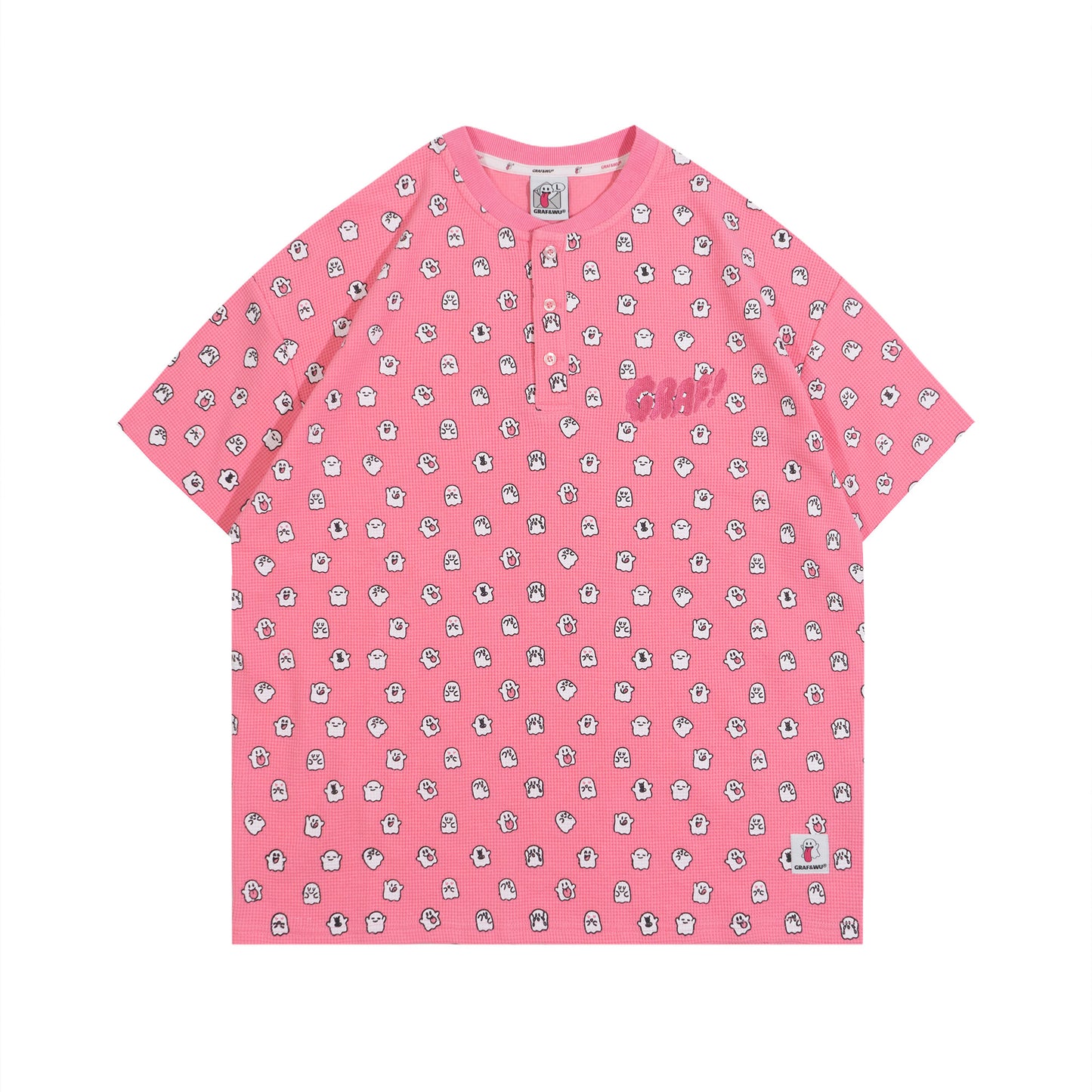 GRAF&WU Mini Cute Ghost Cotton Waffle Henley Collar T-shirt