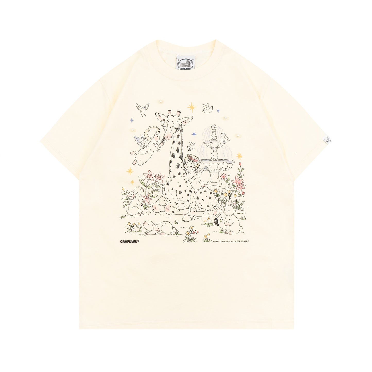 GRAF&WU Pearl Giraffe Garden Angel Floral Hand-painted T-shirt