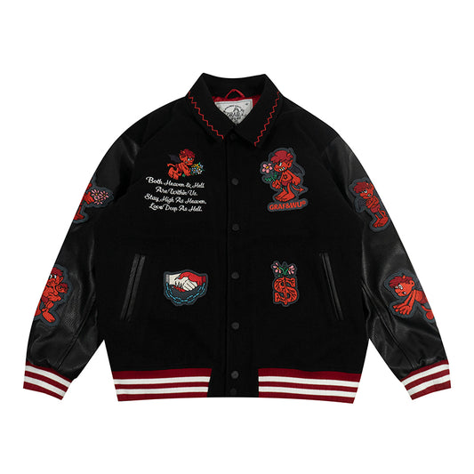 GRAF&WU Angel Devil Leather Sleeved Thick Baseball Jacket