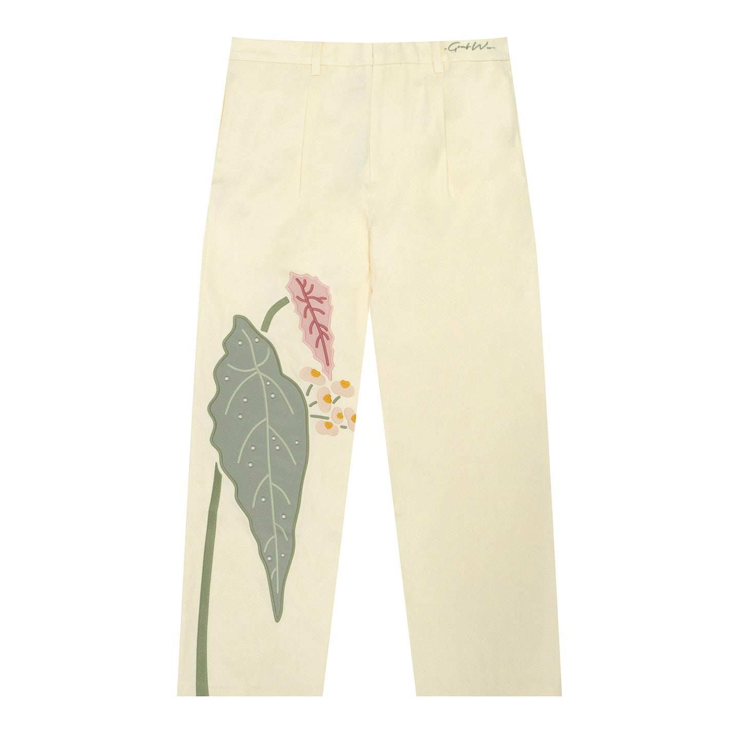 GRAF&WU Aesthetic Green Plant Embroidered Pearl Baggy Trousers