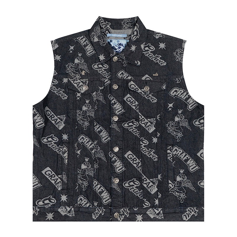 GRAFWU Jacquard Craft Pattern Design Denim Sleeveless