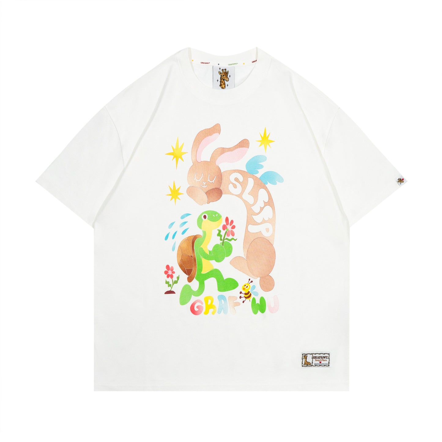GRAF&WU【Giraffe Fable】Tortoise And Hare Race Star Print Street Ice Silk T-Shirt