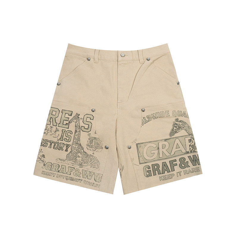 GRAF&WU Vintage Distressed Cargo Shorts | Giraffe Floral Canvas