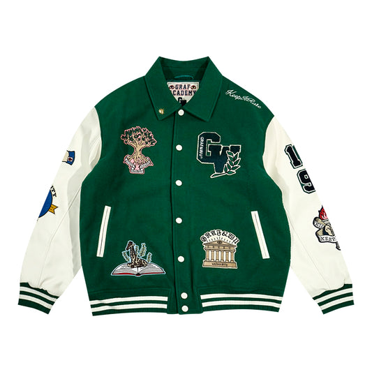 GRAF&WU University Them Leather Sleeved Wool Baseball Jacket
