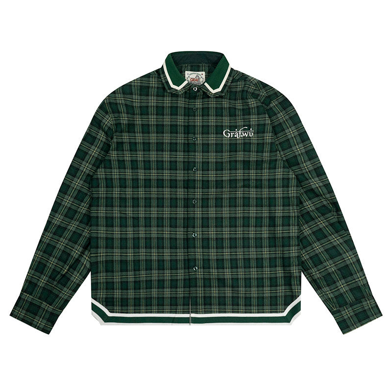GRAF&WU Embroidered Plaid Button Up Shirt Ribbed Trim Oversized Streetwear