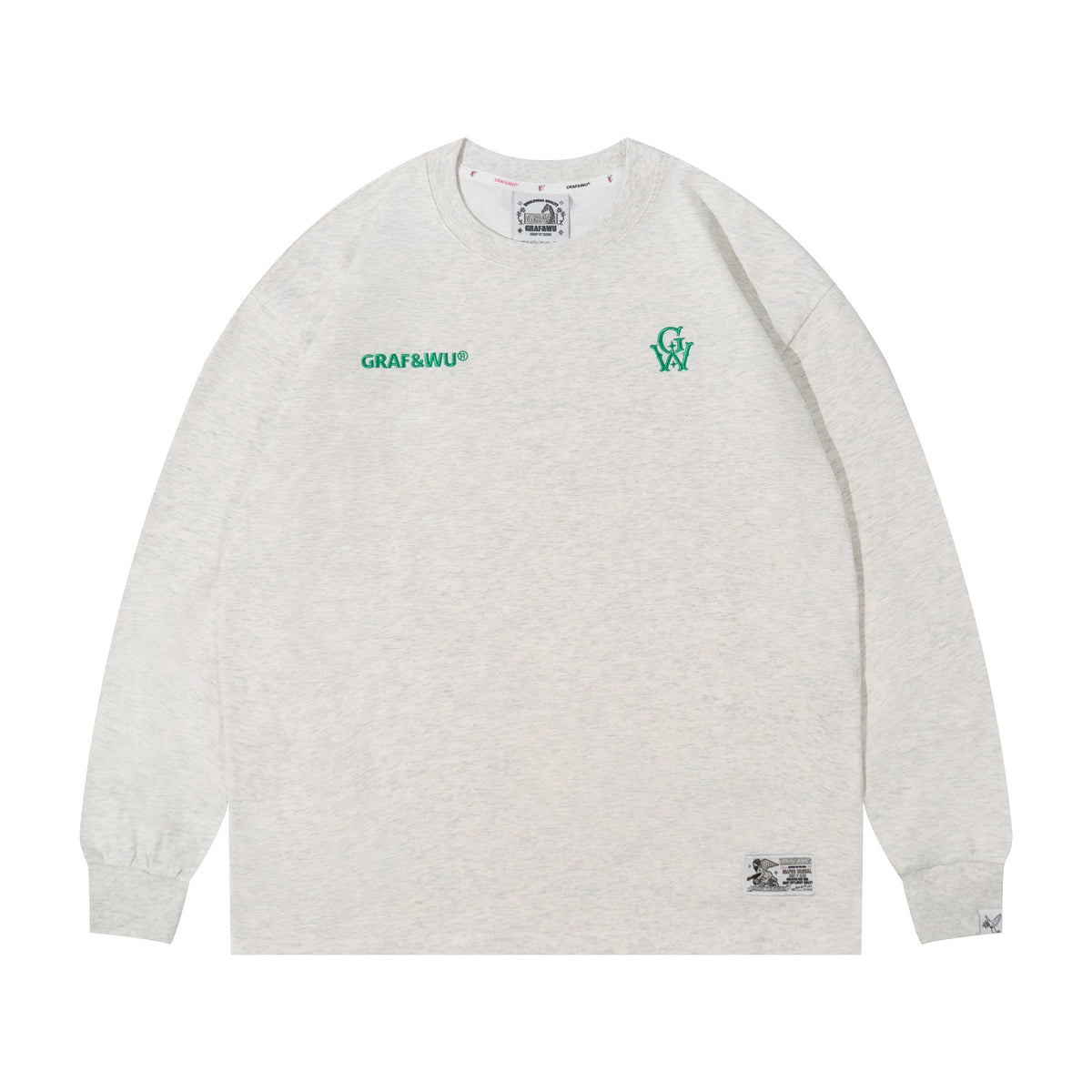 GRAF&WU embroidered loose-fit long sleeve tee in Oat Grey, front view