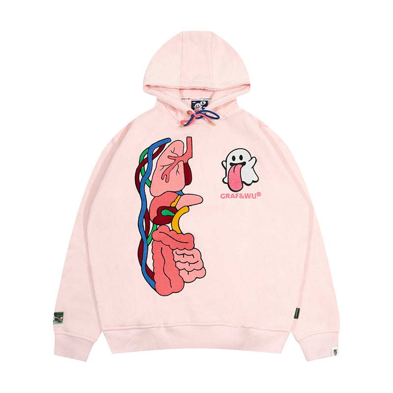 GRAF&WU Sweet Anatomy Cute Ghost Velcro Plush Pink Viscera Fleece Hoodie