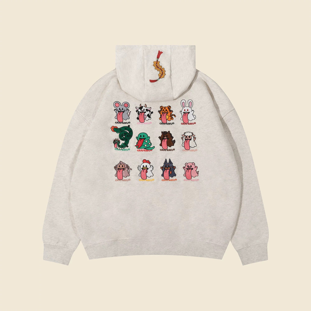 GRAF&WU Chinese Zodiac Cute Ghost Themed Embroidered Oversized Fleece Hoodie