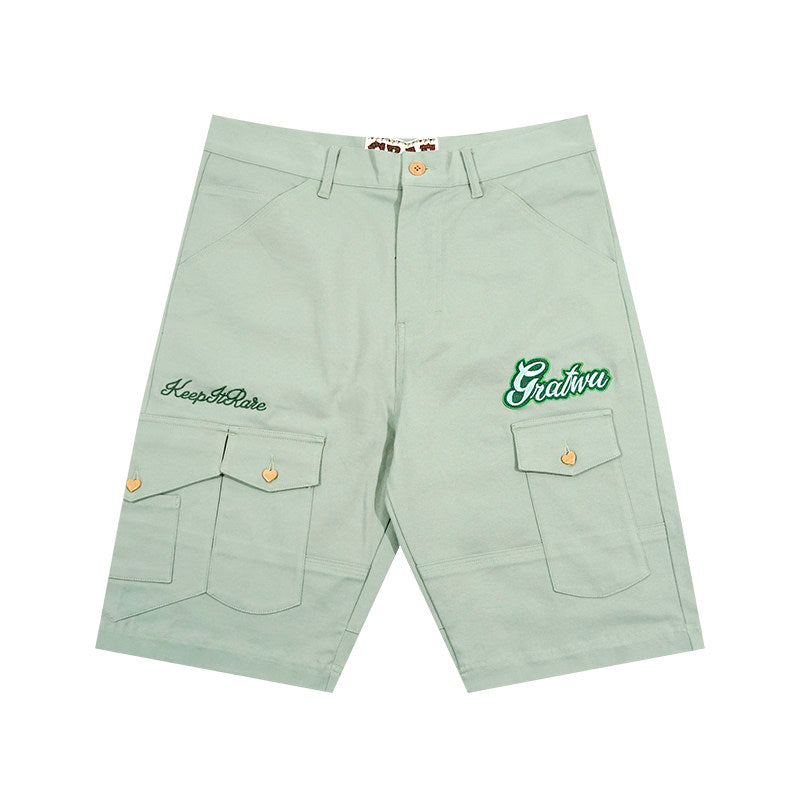 GRAF&WU Letter Embroidered Heart-button Loose Cargo Shorts