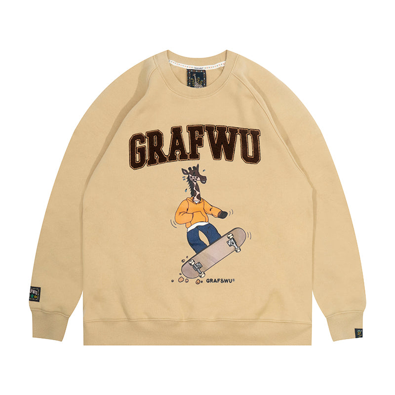 GRAF&WU Street Activity Giraffe Retro Thin Fleece Crewneck Sweatshirt