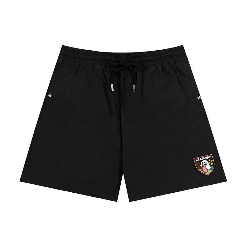 GRAF&WU Cute Button Embroidered Patch Vacation Lightweight Shorts