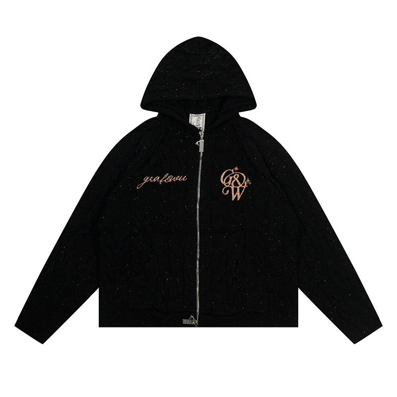 GRAF&WU Embroidered Twist Yarn Colorful Speckled Blended Zip Knit Coat