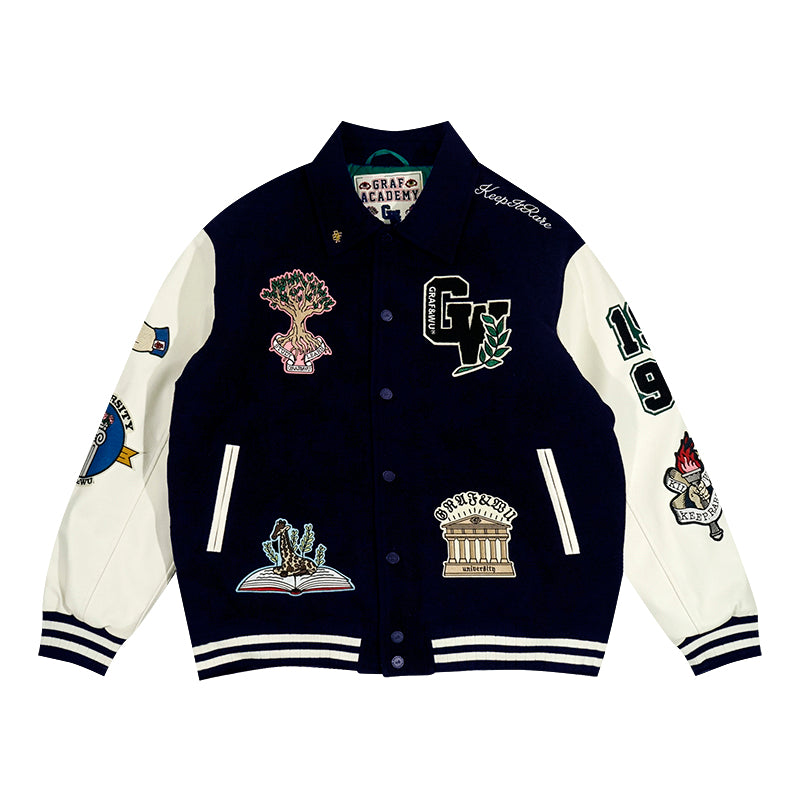GRAF&WU University Them Leather Sleeved Wool Baseball Jacket