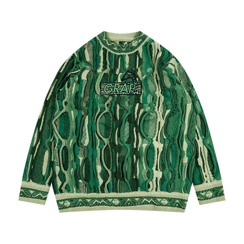 GRAF&WU Retro 3D Wave Pattern Street Art Knit Sweater
