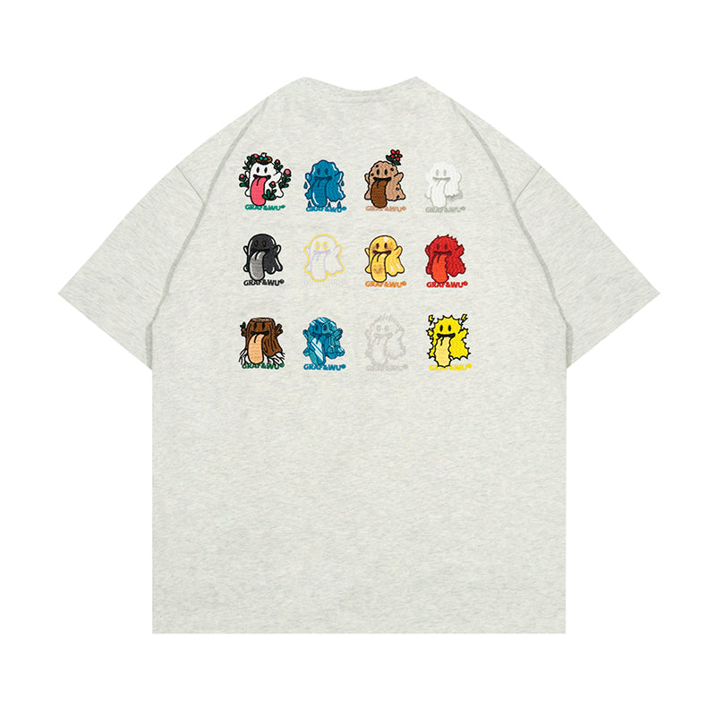 GRAF&WU T-Shirts 12 Natural Elements Cute Ghost Design T-Shirts Tai Chi Pattern Summer T-Shirt Embroidered Cotton Short Sleeve