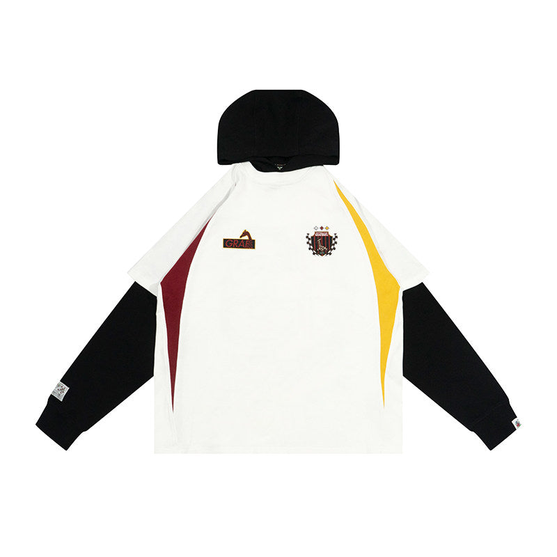 GRAF&WU Blokecore Floral Embroidery Thin Layered Look Jersey Hoodie