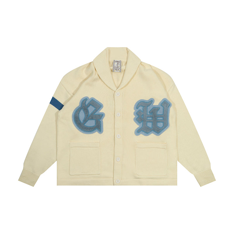 GRAF&WU Embroidered Badge Vintage Shawl Collar Knitted Sweater