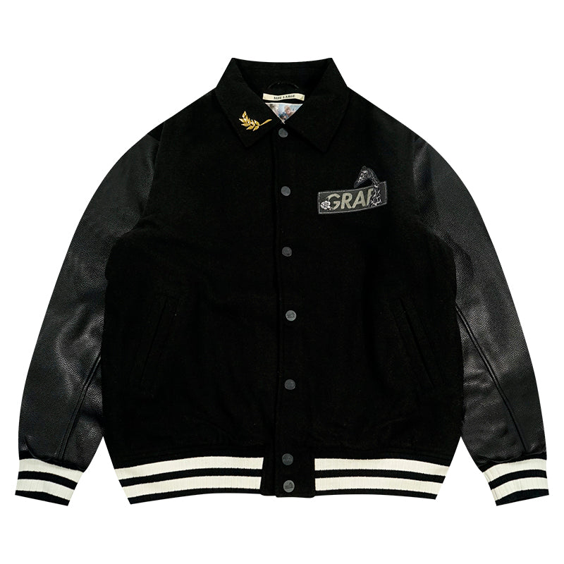 GRAF&WU Giraffe Embroidery Leather Sleeve Thick Jacket