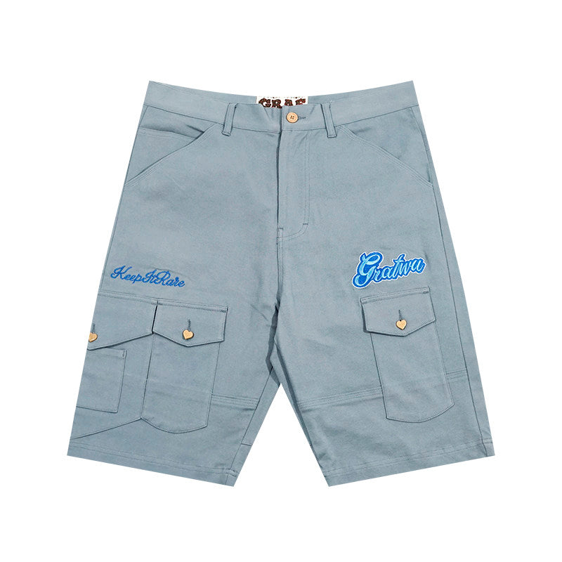 GRAF&WU Letter Embroidered Heart-button Loose Cargo Shorts