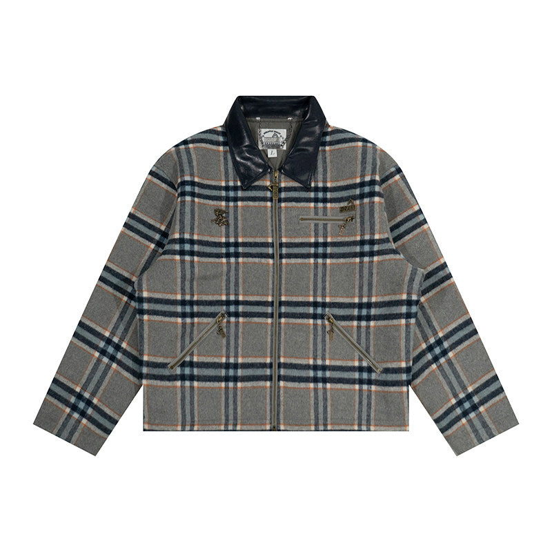 GRAF&WU Leather Collar Luxury Wool Retro Plaid Detroit Jacket