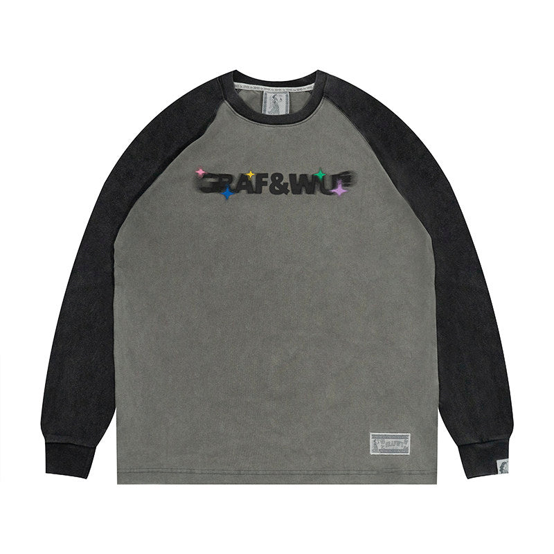 GRAF&WU Washed Distressed Phantom Letter Print Couple Raglan Long Sleeves