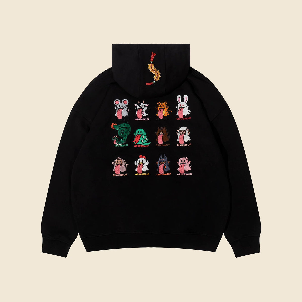 GRAF&WU Chinese Zodiac Cute Ghost Themed Embroidered Oversized Fleece Hoodie