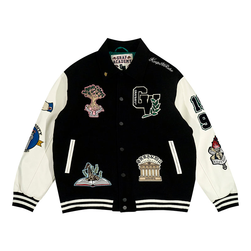 GRAF&WU University Them Leather Sleeved Wool Baseball Jacket