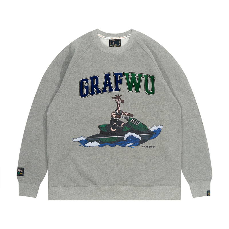 GRAF&WU Street Activity Giraffe Retro Thin Fleece Crewneck Sweatshirt