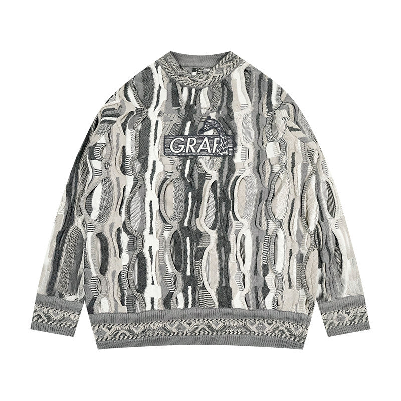 GRAF&WU Retro 3D Wave Pattern Street Art Knit Sweater