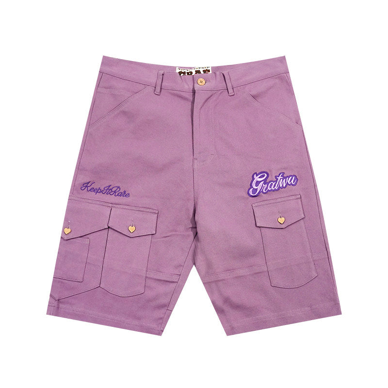 GRAF&WU Letter Embroidered Heart-button Loose Cargo Shorts