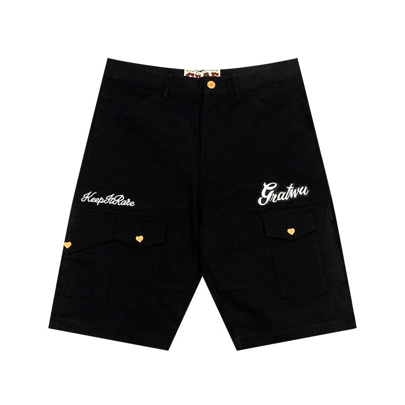 GRAF&WU Letter Embroidered Heart-button Loose Cargo Shorts