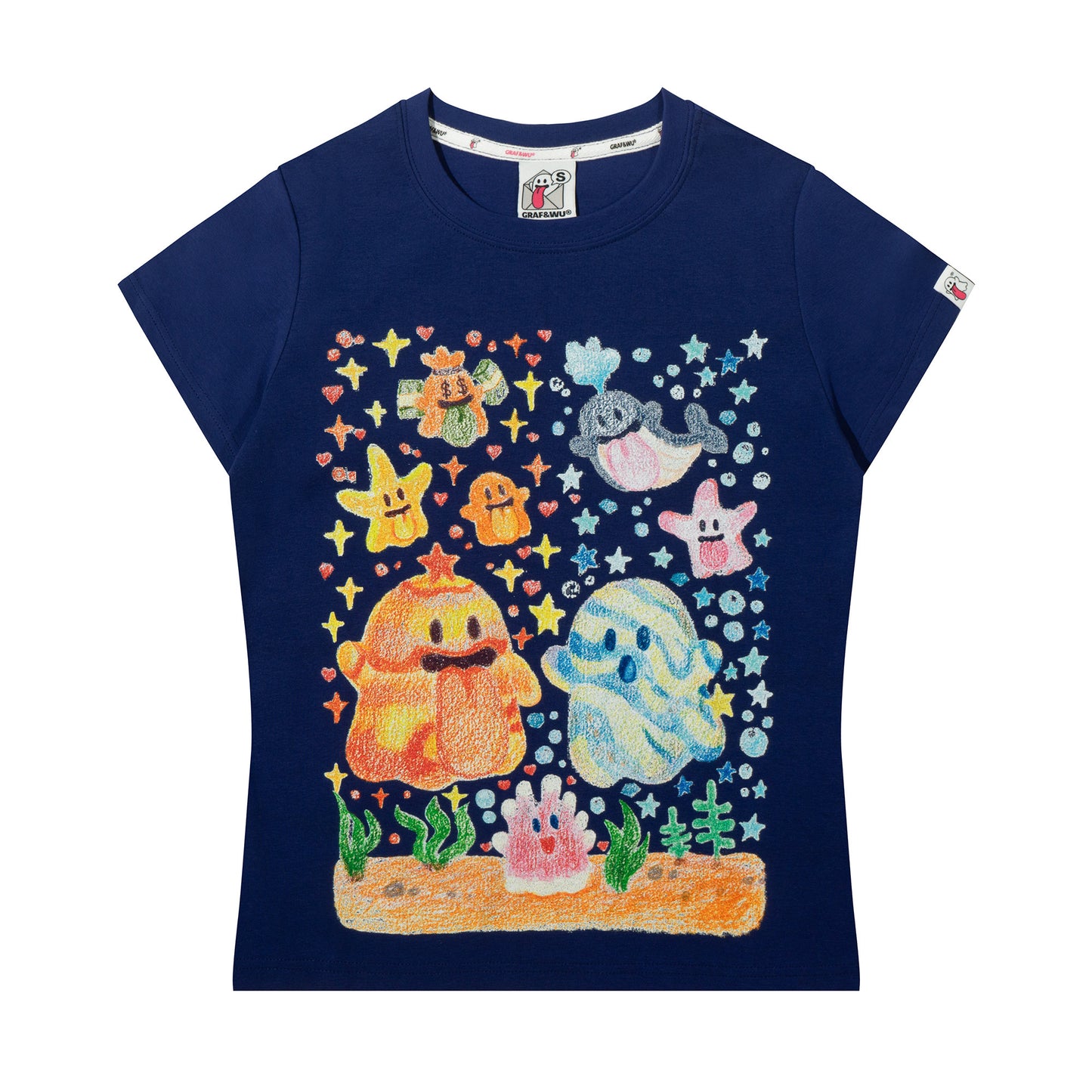 GRAF&WU Artistic Painted Solar System Planets Cute Ghost Hot Girl T-shirt