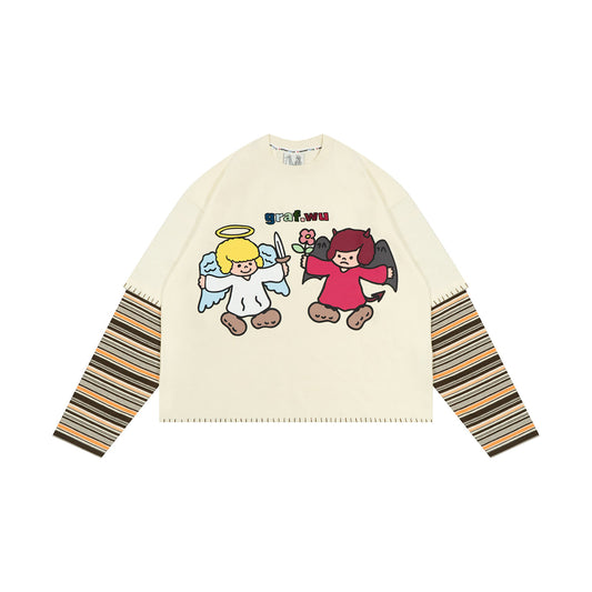 GRAF&WU Angel Devil Faux Two-piece Long Sleeve Tops