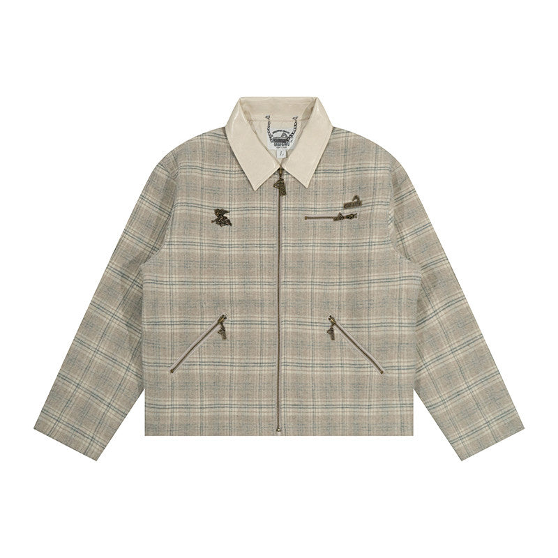 GRAF&WU Leather Collar Luxury Wool Retro Plaid Detroit Jacket