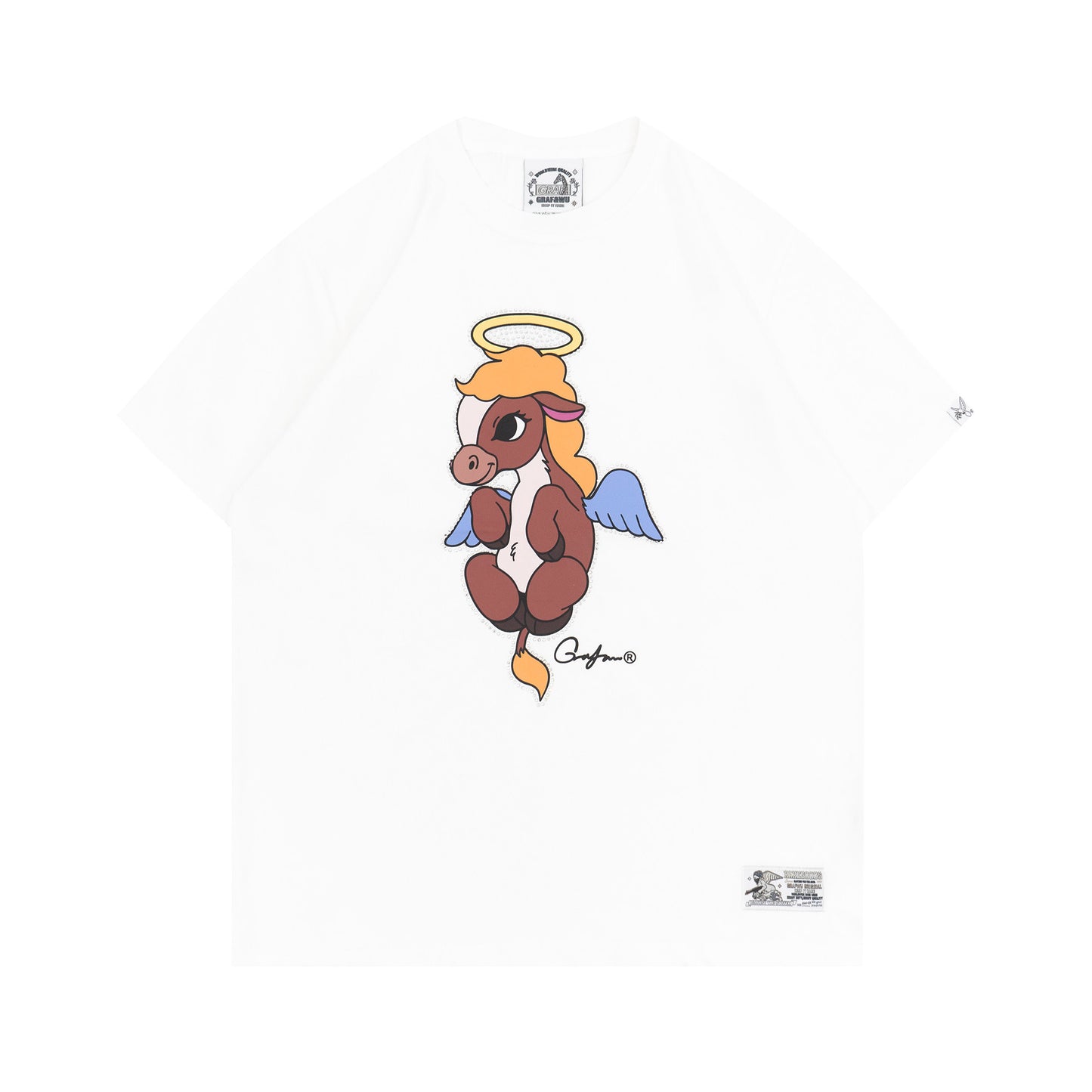 GRAF&WU Angel Devil Pony Twin Rhinestone Couple Street Loose T-shirt