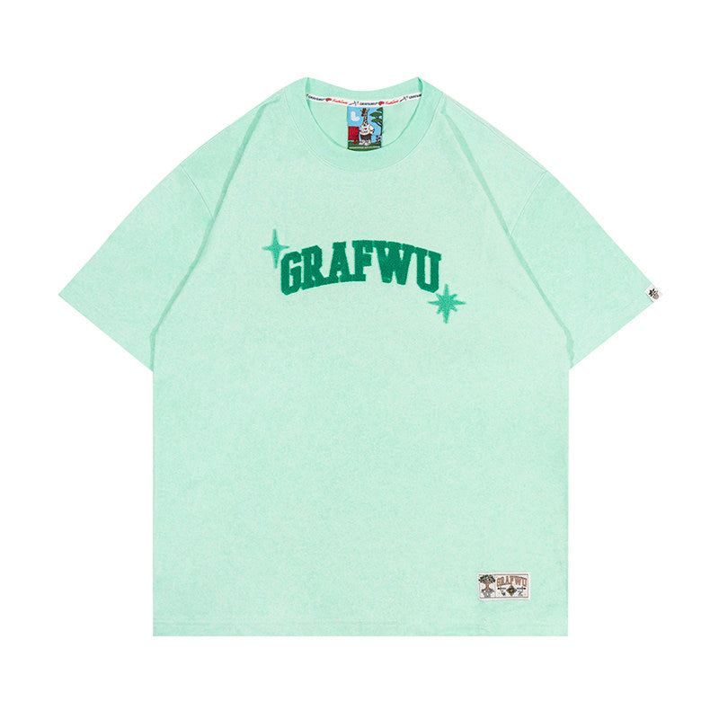 GRAF&WU Washed Style 3D Fleece Embroidery Summer Loose T-Shirt