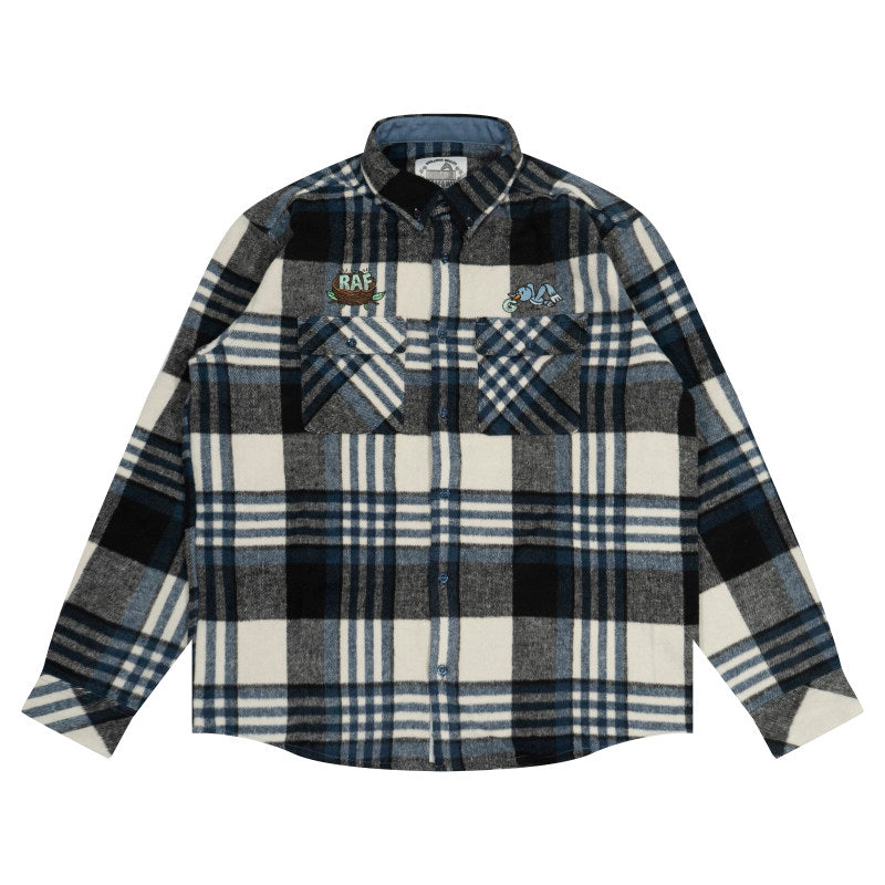 GRAF&WU Embroidered Blue Bird Nest Streetwear Plaid Brushed Shirt