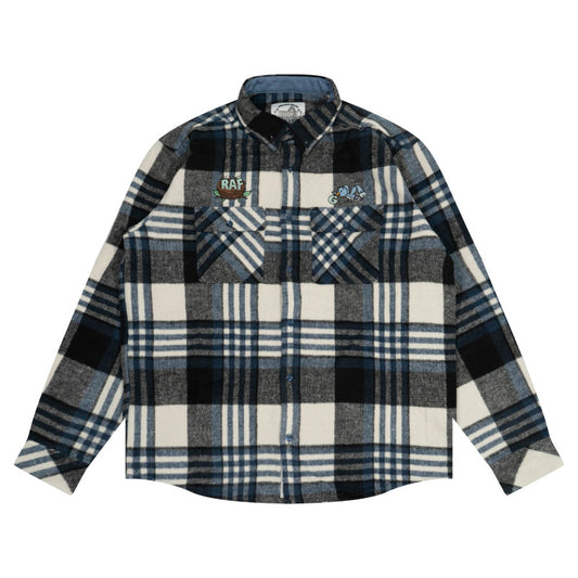 GRAF&WU Embroidered Blue Bird Nest Streetwear Plaid Brushed Shirt