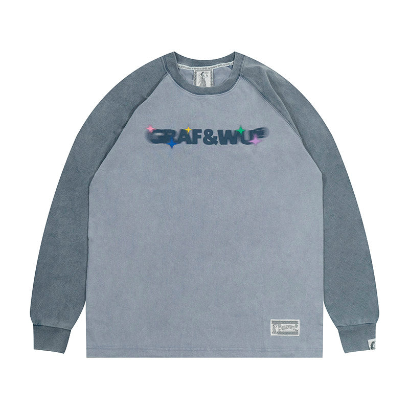 GRAF&WU Washed Distressed Phantom Letter Print Couple Raglan Long Sleeves