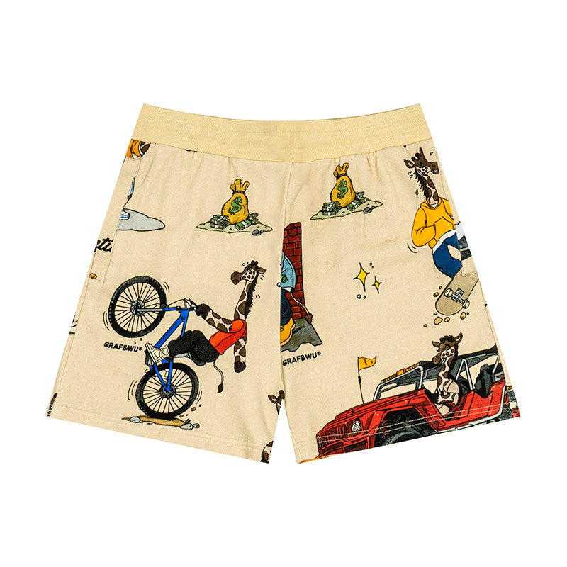 GRAF&WU Giraffe Cartoon Graphic Shorts Casual Streetwear