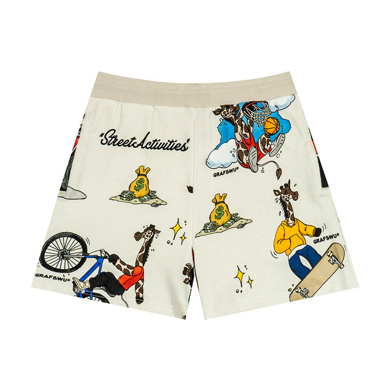 GRAF&WU Giraffe Cartoon Graphic Shorts Casual Streetwear