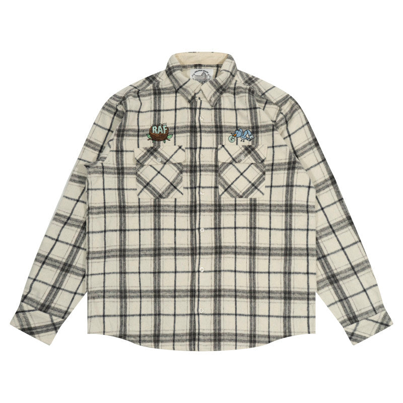 GRAF&WU Embroidered Blue Bird Nest Streetwear Plaid Brushed Shirt