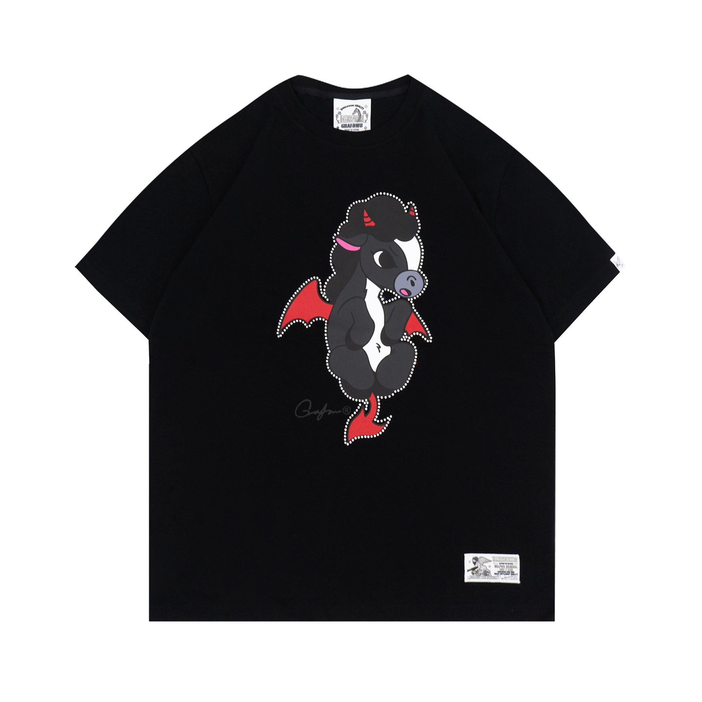 GRAF&WU Angel Devil Pony Twin Rhinestone Couple Street Loose T-shirt