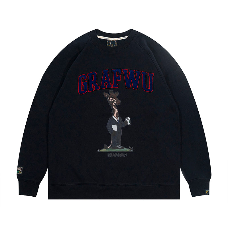 GRAF&WU Street Activity Giraffe Retro Thin Fleece Crewneck Sweatshirt