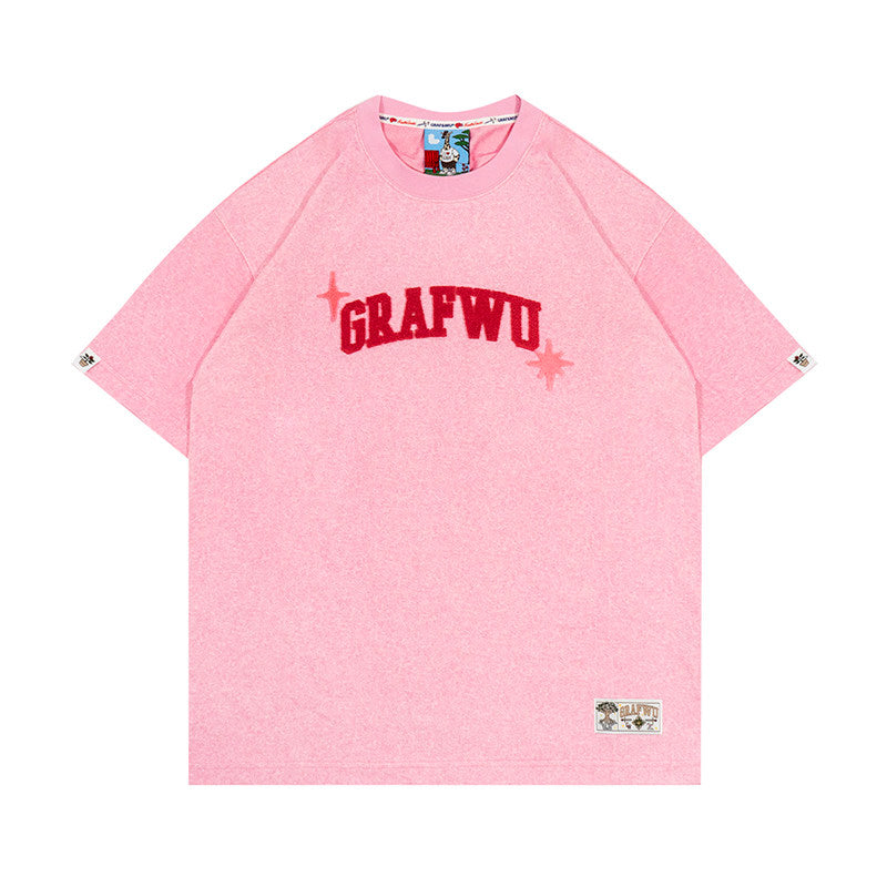 GRAF&WU Washed Style 3D Fleece Embroidery Summer Loose T-Shirt