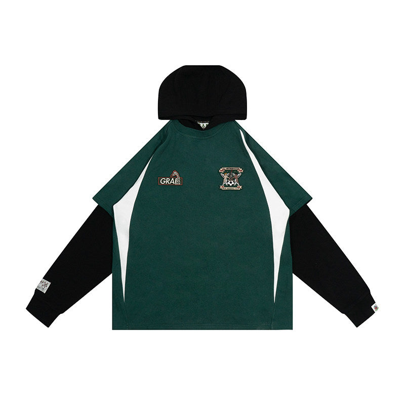 GRAF&WU Blokecore Floral Embroidery Thin Layered Look Jersey Hoodie