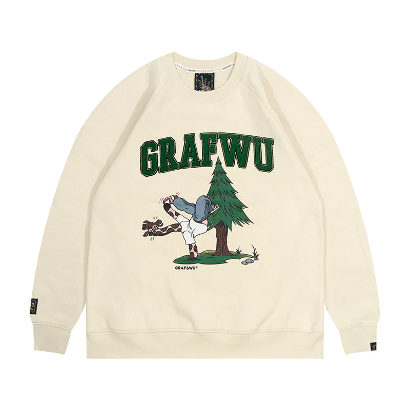 GRAF&WU Street Activity Giraffe Retro Thin Fleece Crewneck Sweatshirt