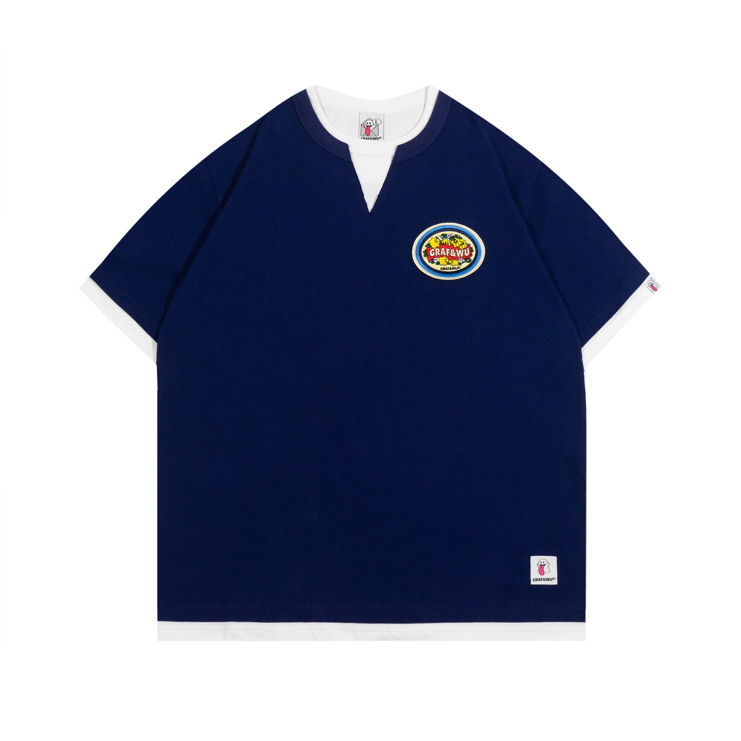 GRAF&WU Vintage Fake Two-Piece Notch Crew Neck T-Shirt