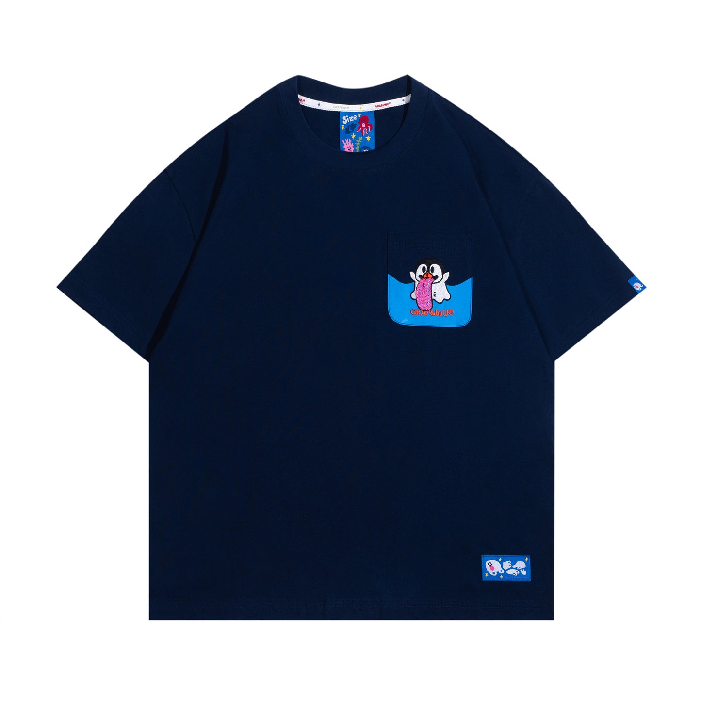 GRAF&WU BooGhost Ocean Protect Pocket T-Shirt - Deep Blue Penguin graphic streetwear
